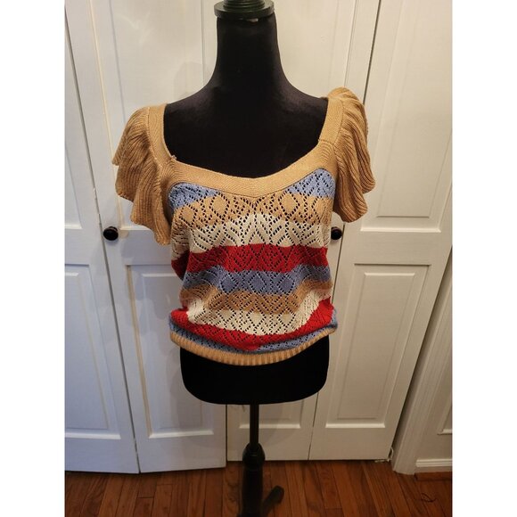 Tan Crochet Stripe Sweater Flutter Sleeves Open Knit sz M Coquette Boho Beach - Picture 1 of 7